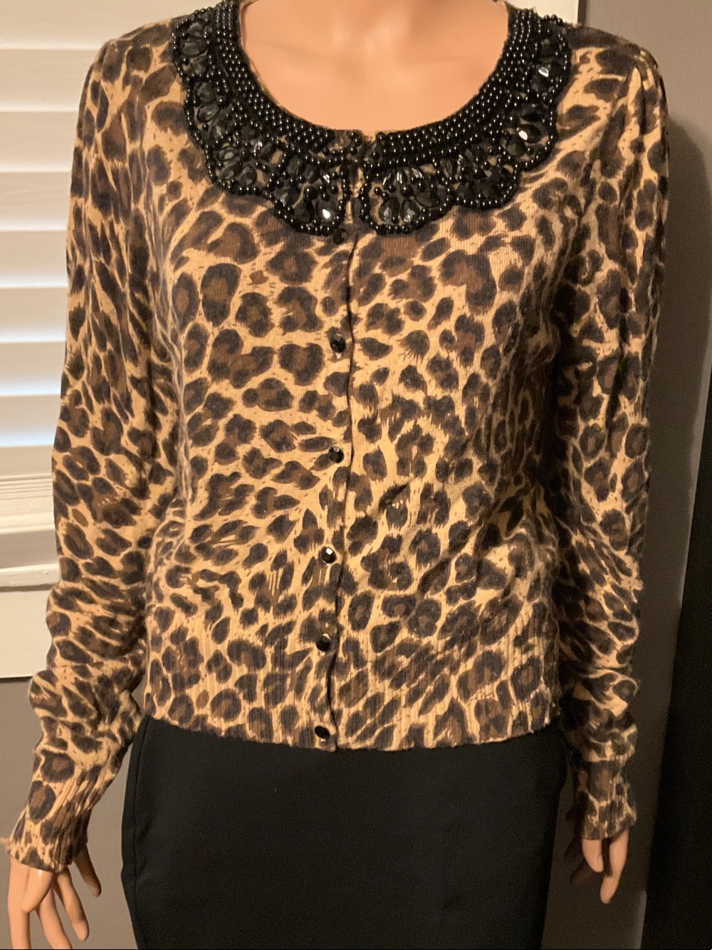 Leopard Print Beaded Collar Women's Top - Brown